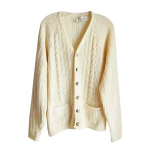 Vintage 70s Wool Blend Cardigan Women XL | Cable Knit Grandpa Sweater Ivory